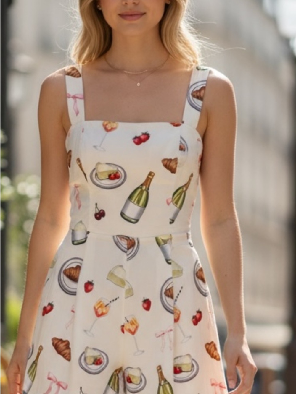 Avec Les Filles White Printed Square-Neck Mini Dress with Colorful Food Print - Picture 1 of 5